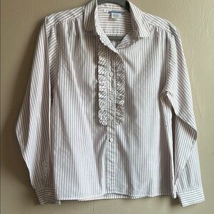 Vintage Twee Women’s Striped Button-Up Shirt With Ruffle Detail. Size 12. Cotton